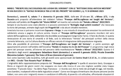 Com. Stampa (31.12.2022) MINEO. “PRESEPE DELL’ACCOGLIENZA NEI LUOGHI DEL VERISMO” CON LE “BOTTEGHE DEGLI ANTICHI MESTIERI” IN VIA DUCEZIO E IL “NATALE IN MUSICA TRA LE VIE DEL PRESEPE” NEI GIORNI 1, 6, 7 E 8 GENNAIO 2023